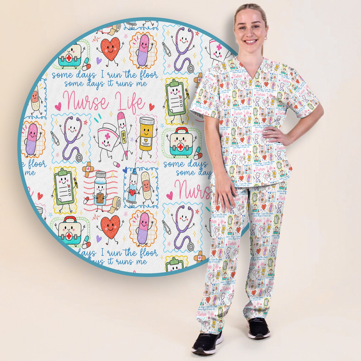 Cute Nurse Life Doodle Pediatric Nurse Scrub Set, Scrub Pants and V Neck Top