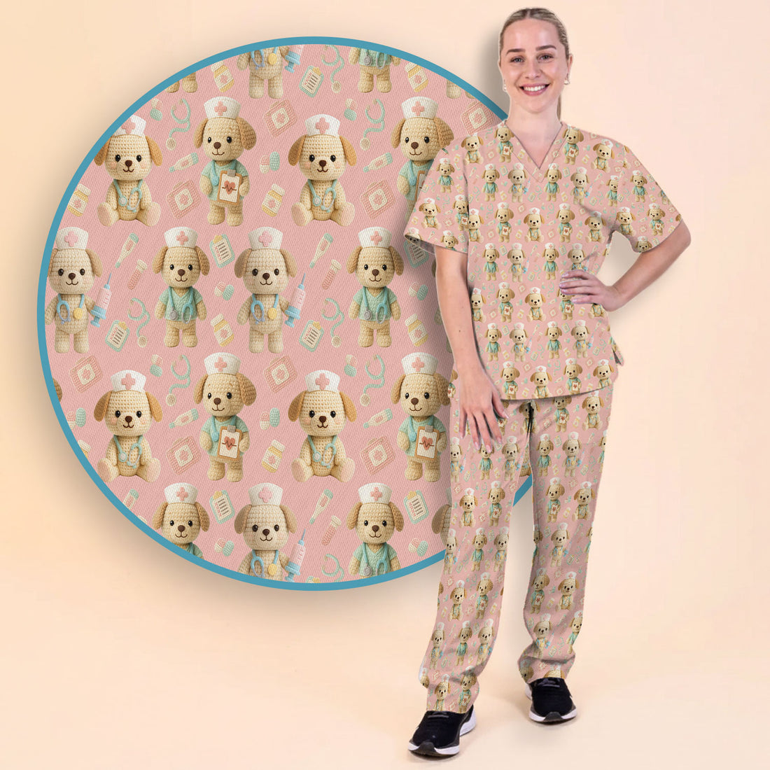 Cute Labrador Scrub Set for Nurse - Pastel Crochet Dog Scrubs Pants and V Neck Top - Adorable Puppy Med Uniform Gift for Women