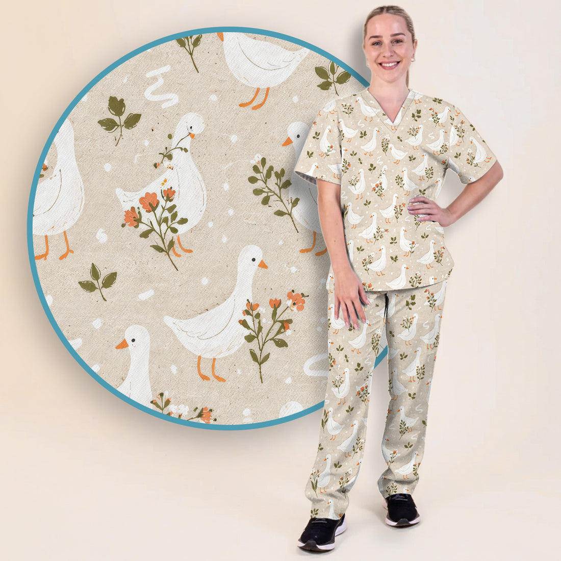 White Goose Floral Meadow Pattern Scrub Set, Scrub Pants and V Neck Top
