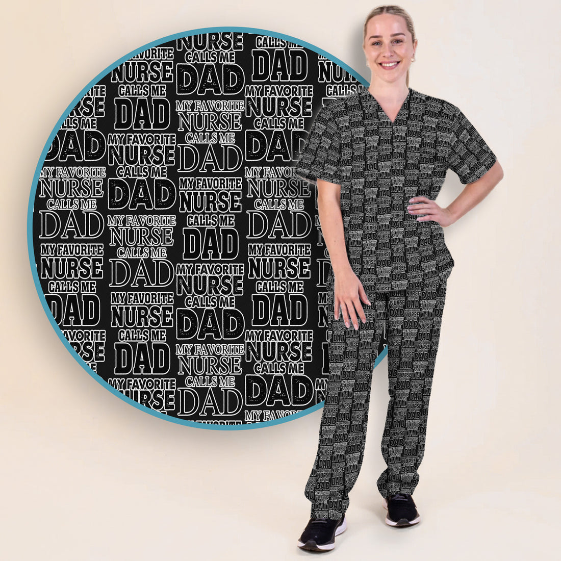 Favorite Nurse Calls Dad Pattern Scrub Set, Scrub Pants and V Neck Top