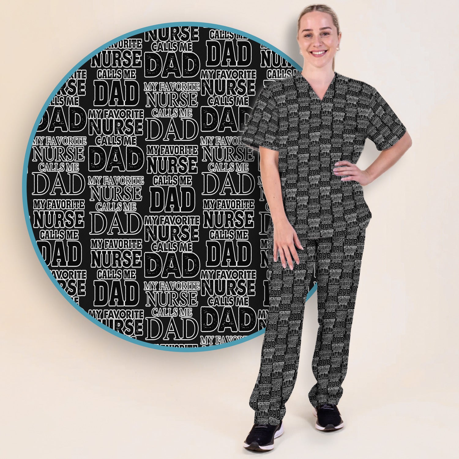Favorite Nurse Calls Dad Pattern Scrub Set, Scrub Pants and V Neck Top