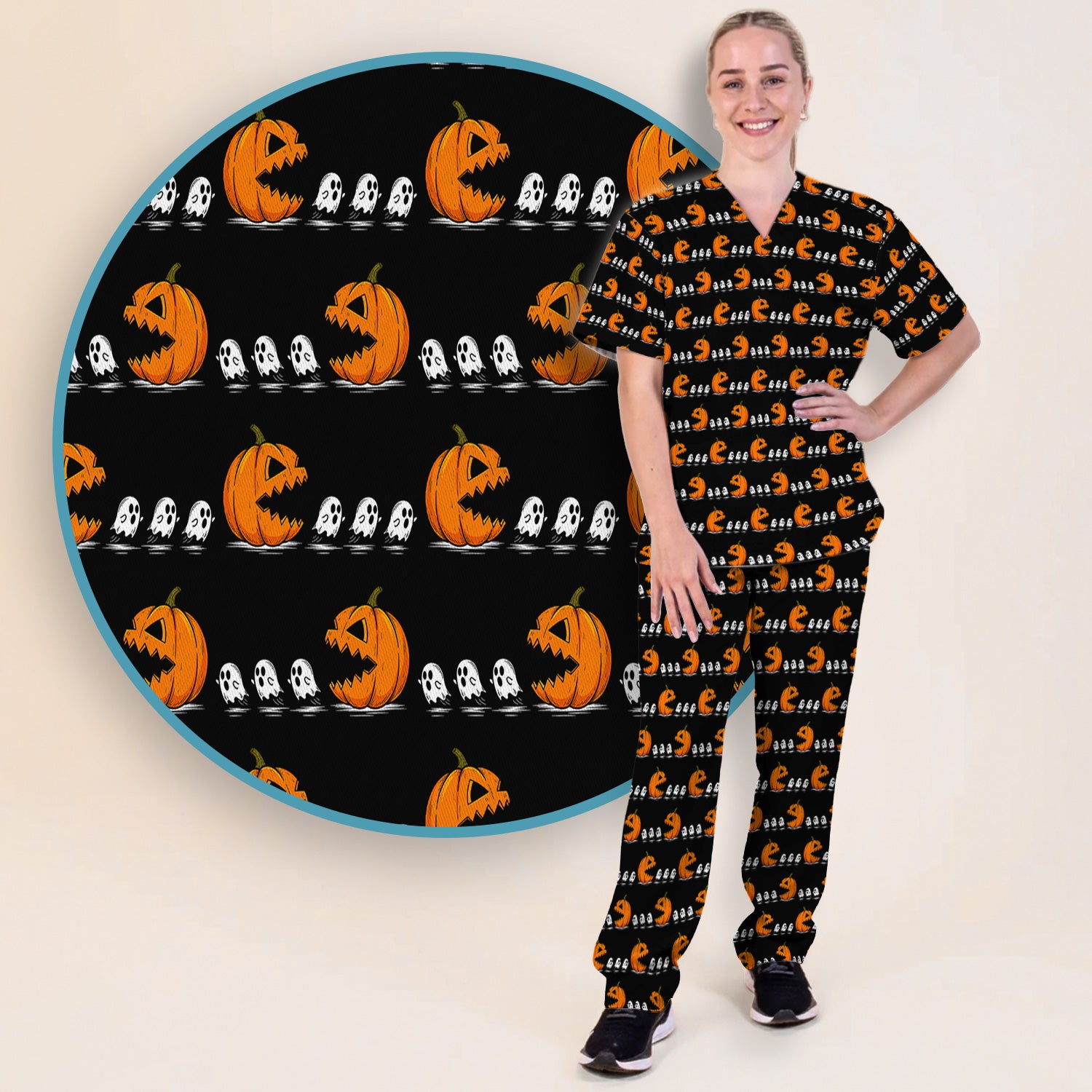 Spooky Halloween Pumpkin Ghost Scrub Set, Scrub Pants and V Neck Top