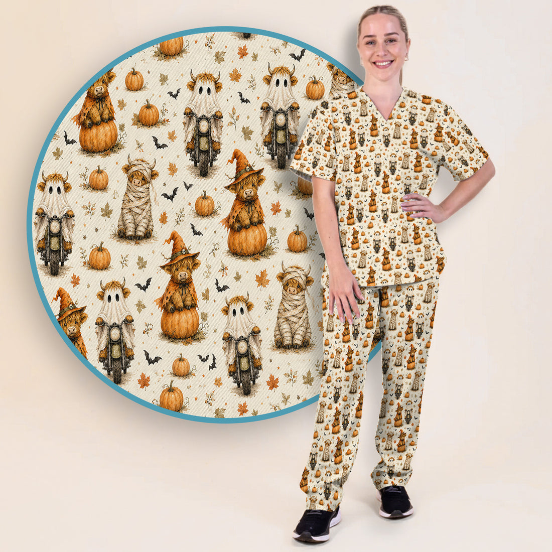 Halloween Highland Cow Costumes Scrub Set, Scrub Pants and V Neck Top