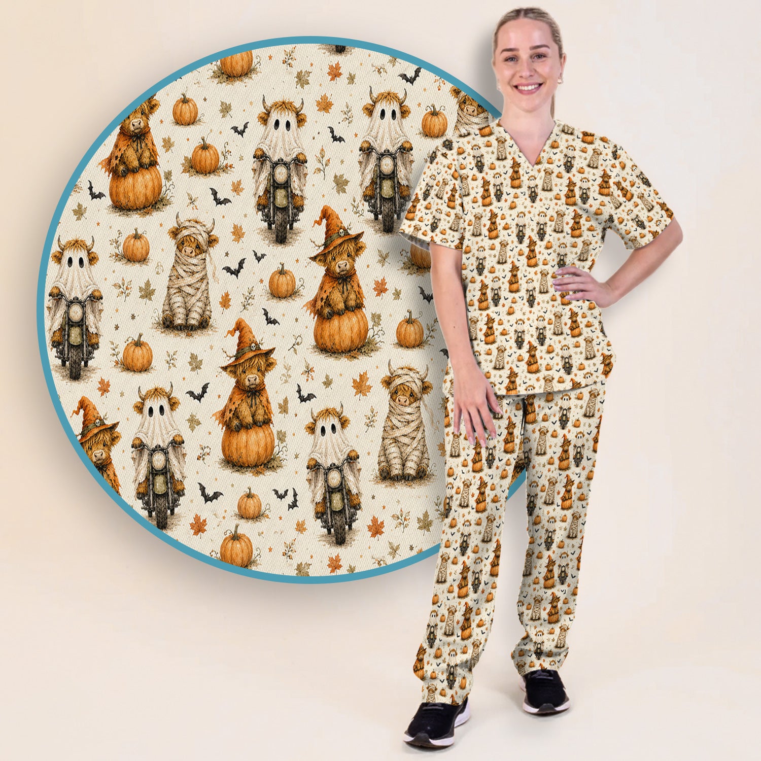 Halloween Highland Cow Costumes Scrub Set, Scrub Pants and V Neck Top