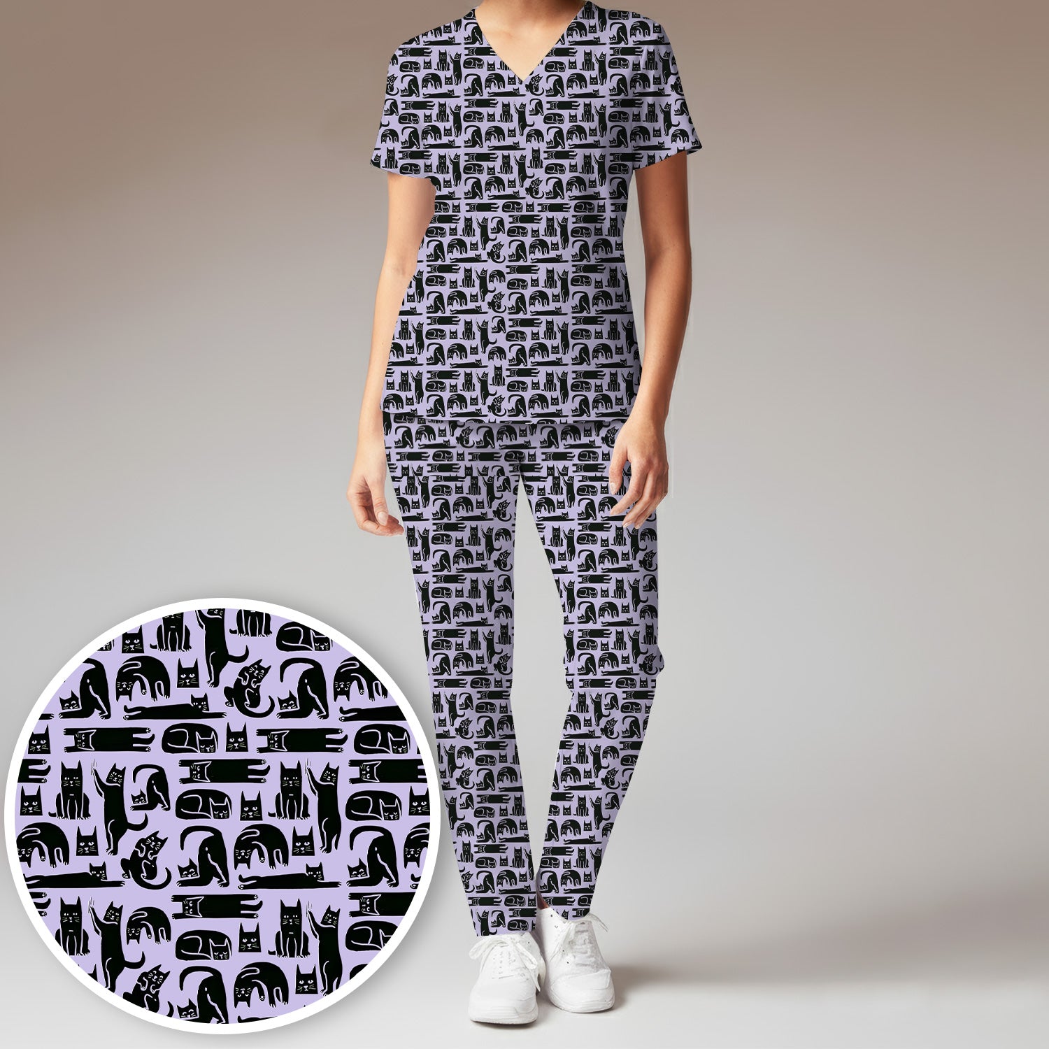 Cute Funny Cat Poses Print Scrub Sets, Scrub Pants and V Neck Top