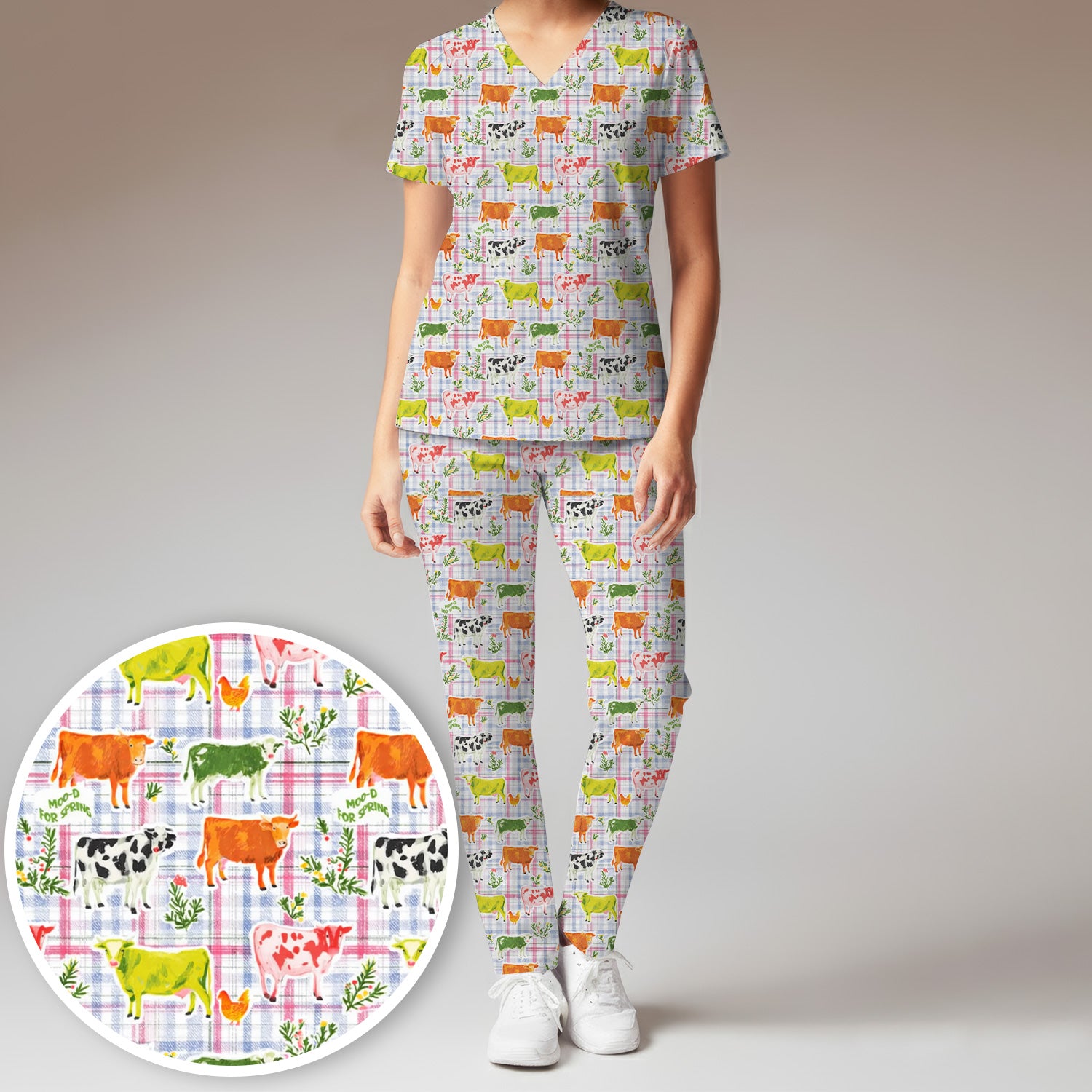 Colorful Farm Cow Plaid Print Scrub Set, V-Neck Top and Drawstring Pants