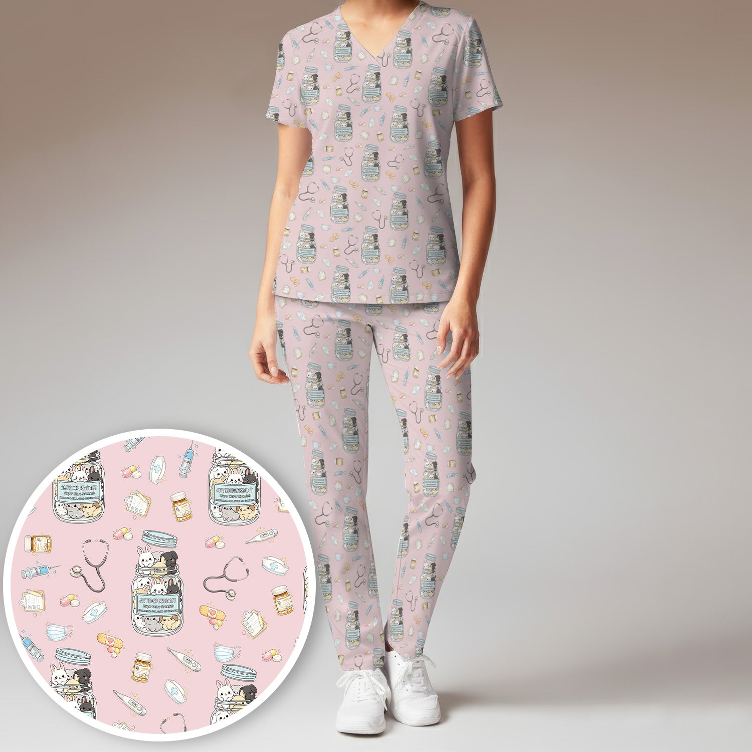 Whimsical Antidepressant Rabbit Jar Design Scrub Set, Scrub Pants and V-Neck Top