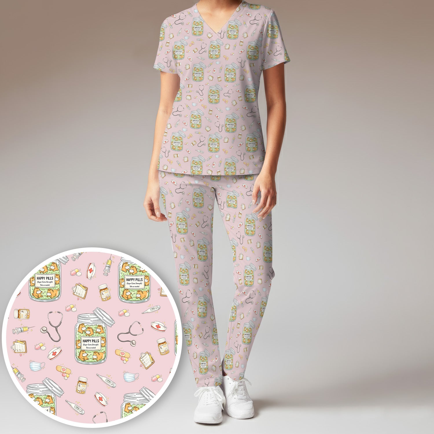 Happy Pills Horse Medical Print Women's Scrub Set, Scrub Pants and V-Neck Top