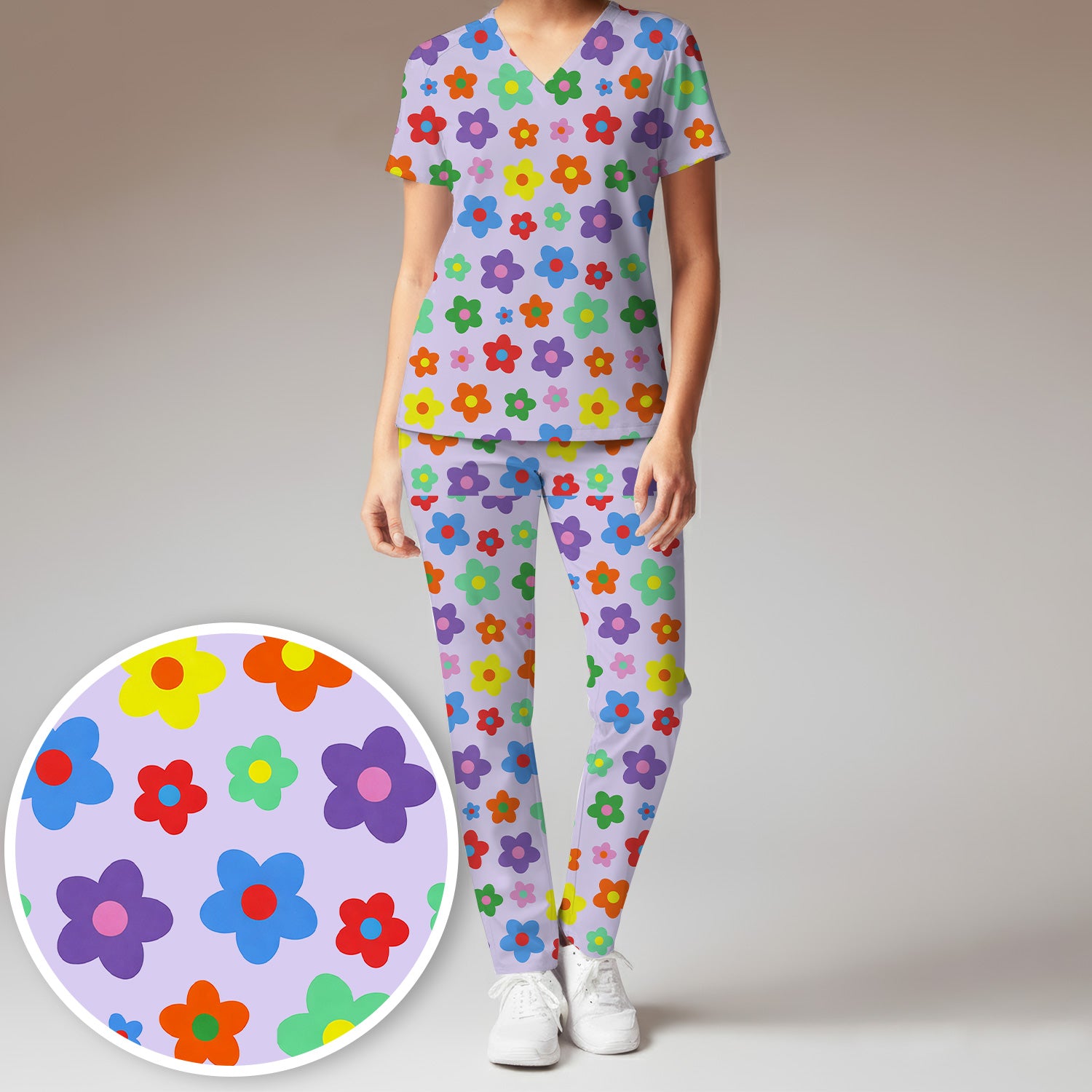 Colorful Retro Flower Pattern Print Scrub Set, Scrub Pants and V Neck Top
