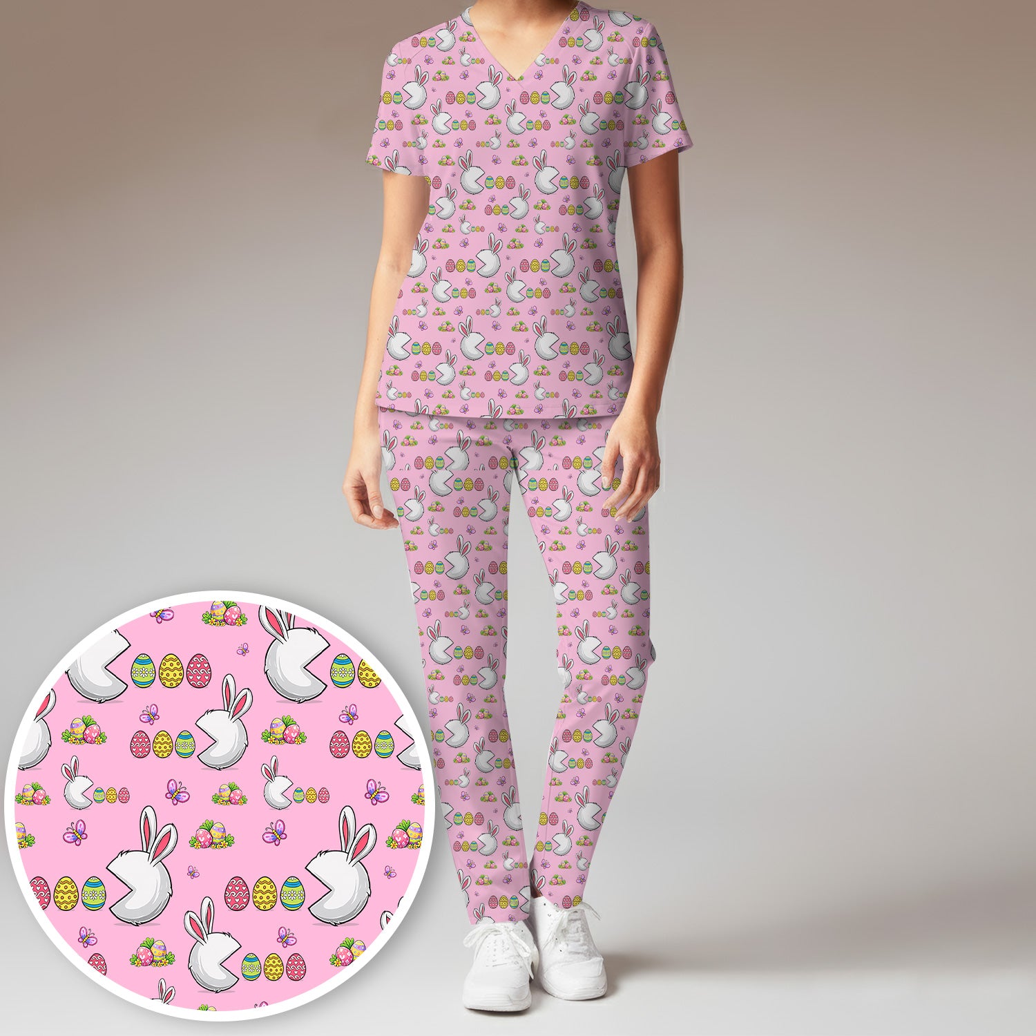 Easter Bunny and Colorful Eggs Print Scrub Set, Breathable Med Uniform