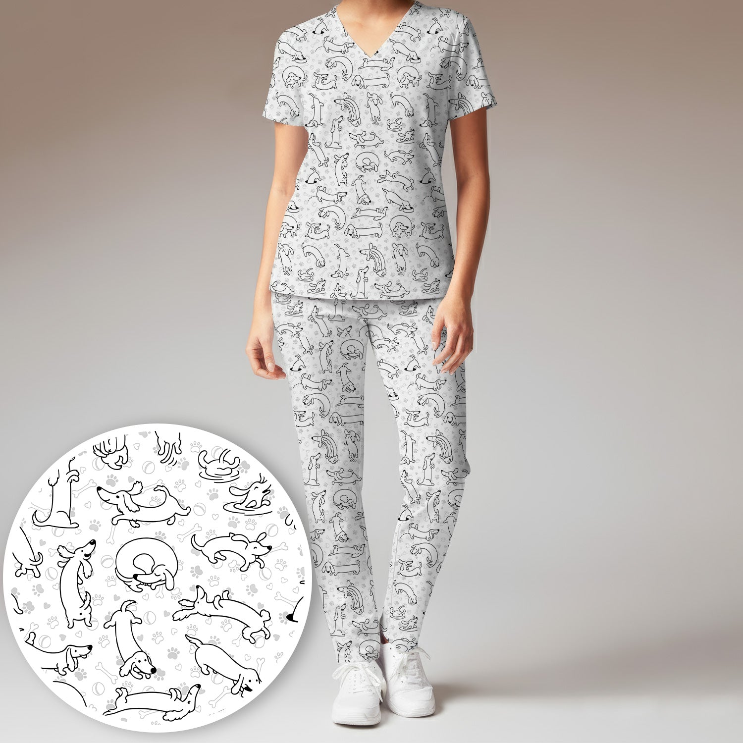 Playful Dachshund Dog Line Art Print Scrub Set, Scrub Pants and V Neck Top