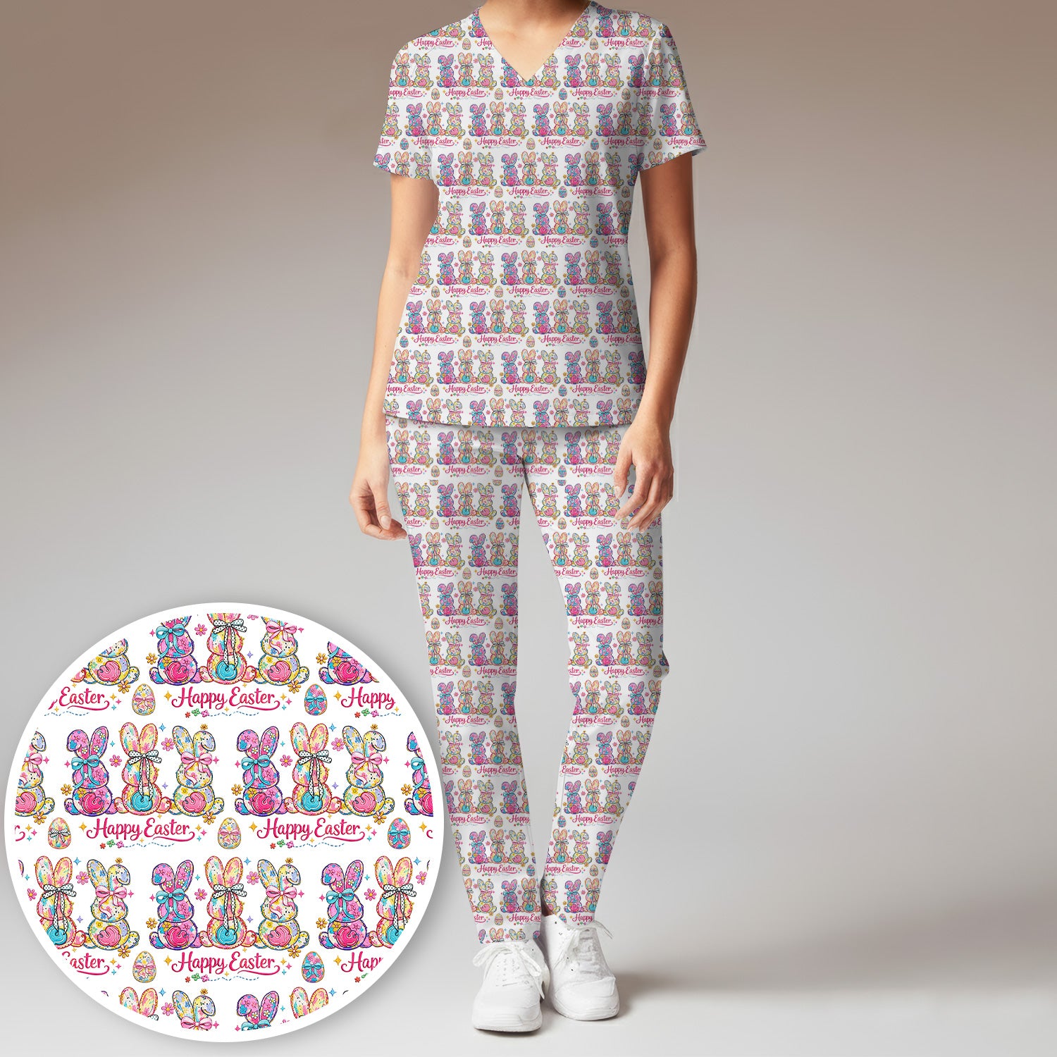Pink Happy Easter Bunny Pattern Scrub Set, Scrub Pants and V Neck Top