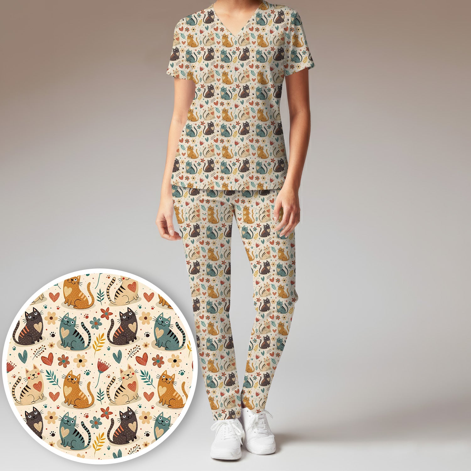 Cute Kitty Print V Neck Scrub Set for Nurses, Floral Medical Uniform