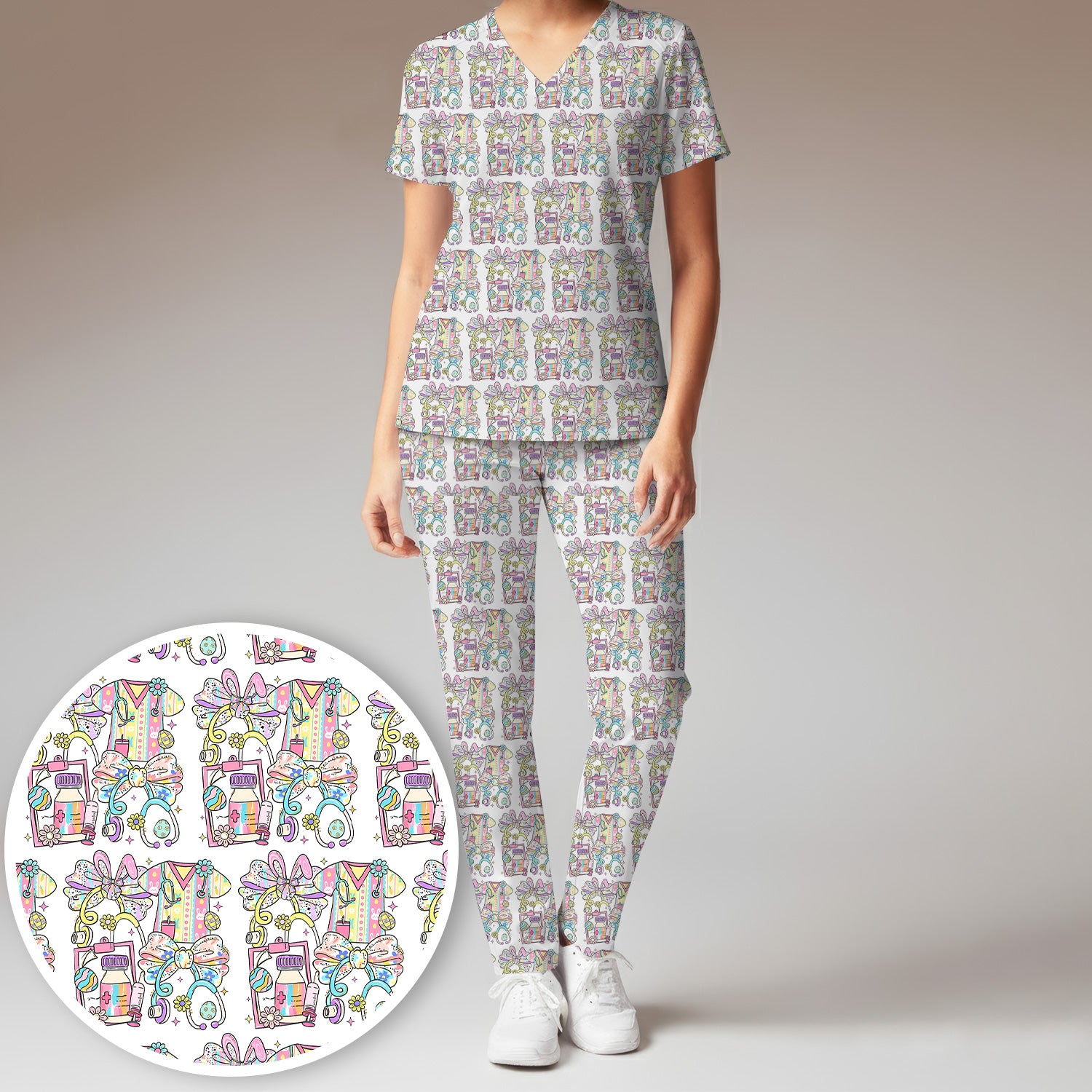 Colorful Nurse Scrub Supplies Pattern Scrub Set, Scrub Pants and V Neck Top