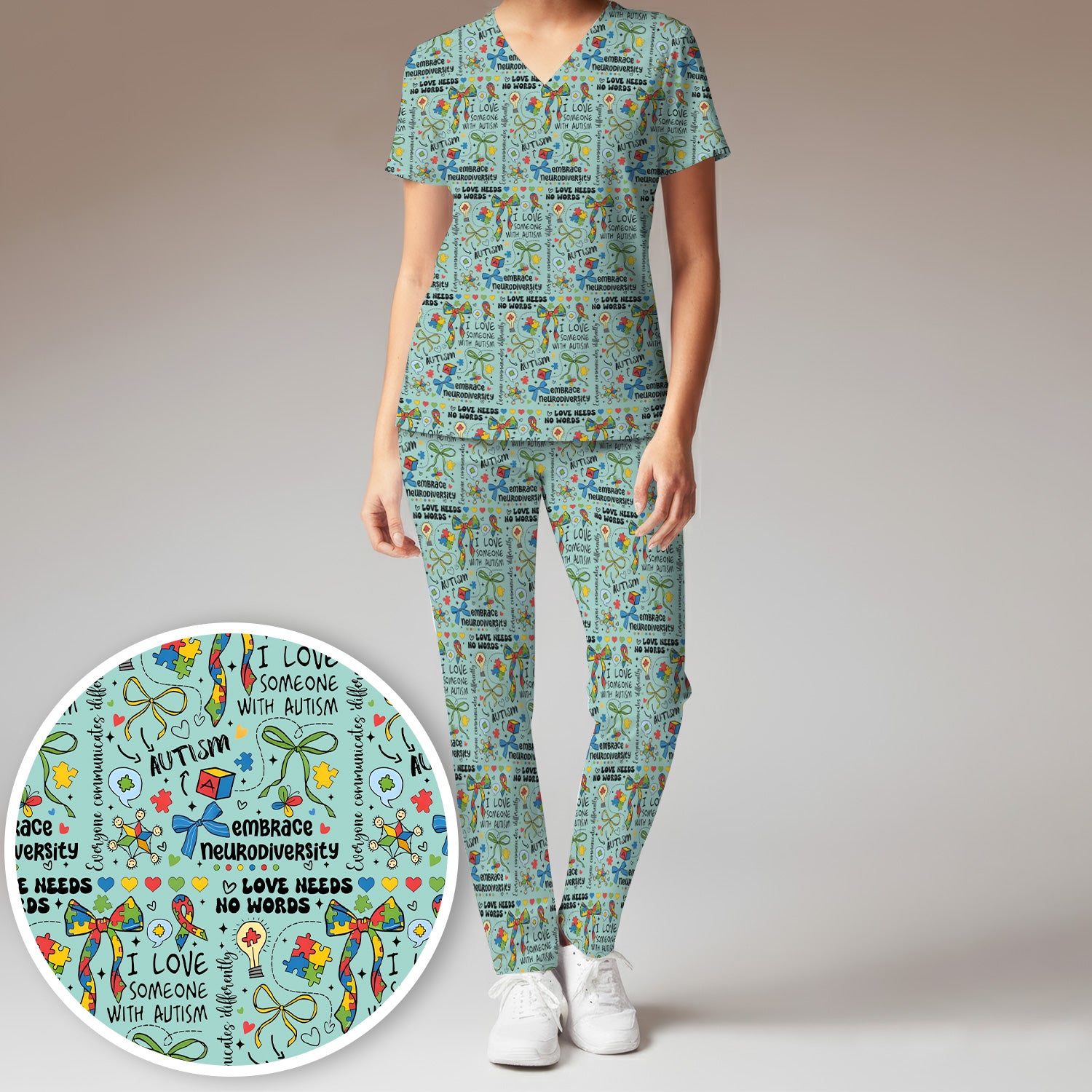 Autism Awareness Puzzle Ribbon Pattern Scrub Set, Scrub Pants and V Neck Top
