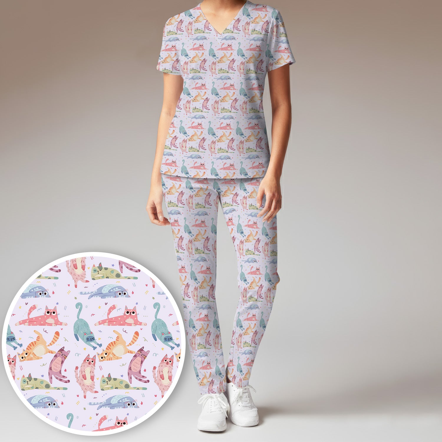 Funny Pastel Cat Pattern Medical Scrub Set, Breathable Fabrics Nursing Uniform