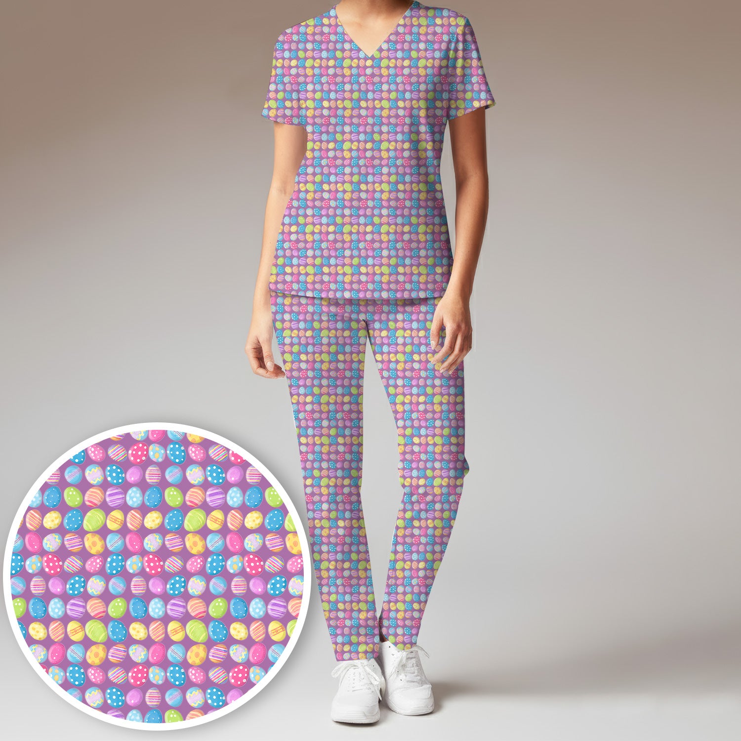 Colorful Easter Eggs Pattern Scrub Set, Scrub Pants and V Neck Top