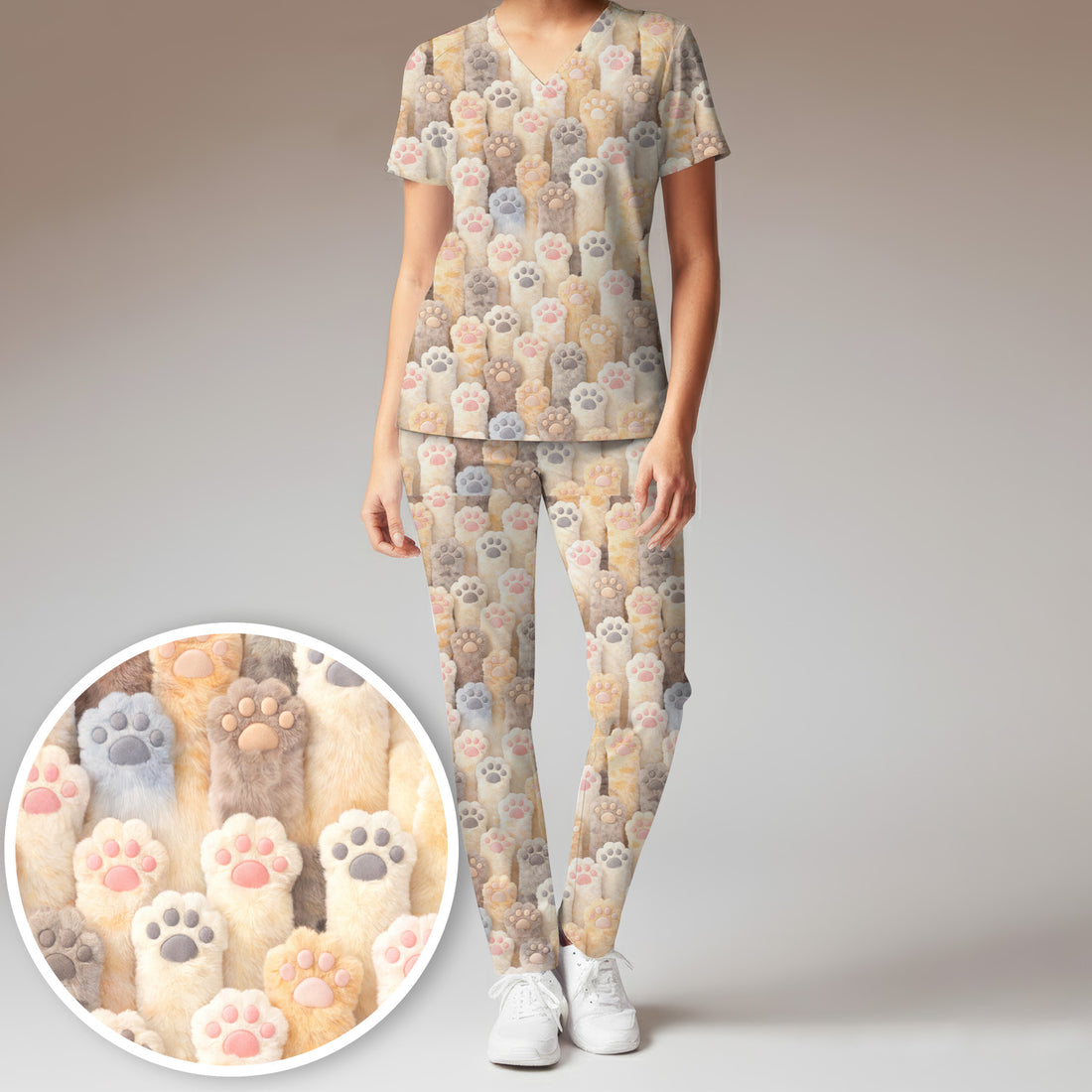 Cute Fluffy Cat Paw Pattern Scrub Set, Scrub Pants and V Neck Top