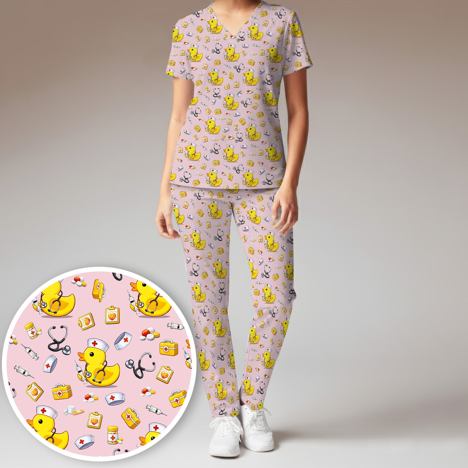 Playful Medical Duck Print Women's Scrub Set, Breathable Med Uniform