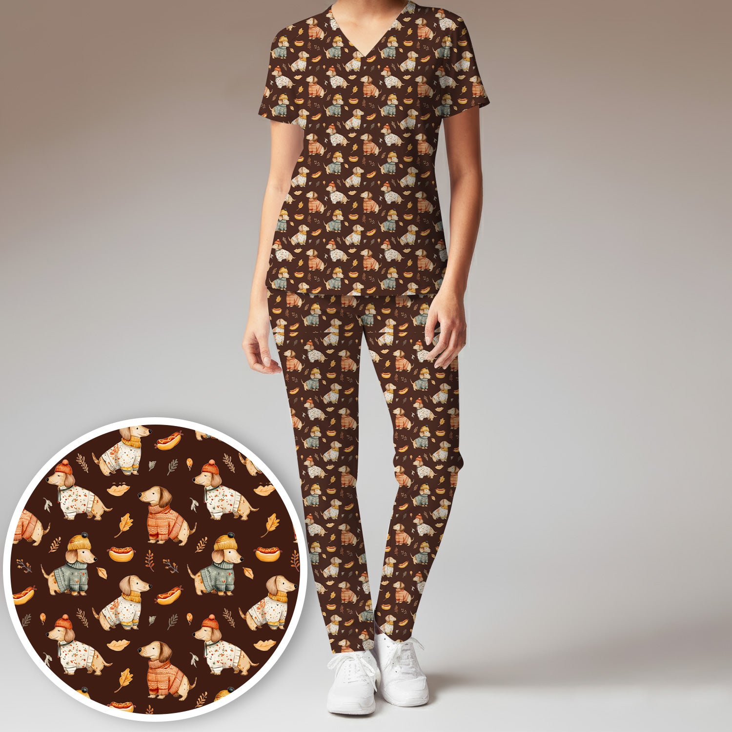 Autumn Dachshund Dog Sweater Print Scrub Set, Breathable Med Uniform