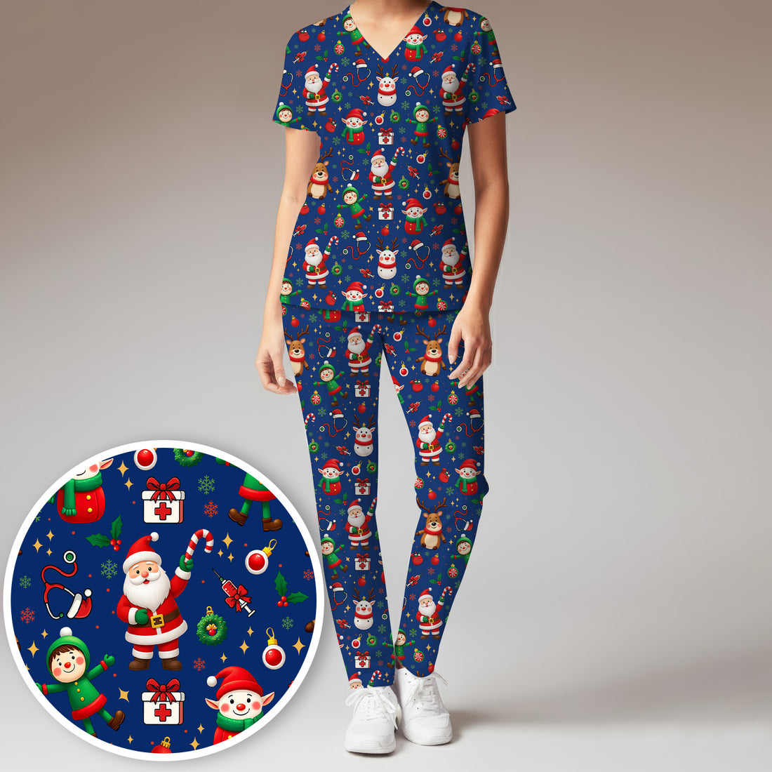 Christmas Comfortable Scrubs for Nurses - Cute Santa Reindeer Scrubs Pants and V Neck Top - Festive Holiday Med Uniform for Women