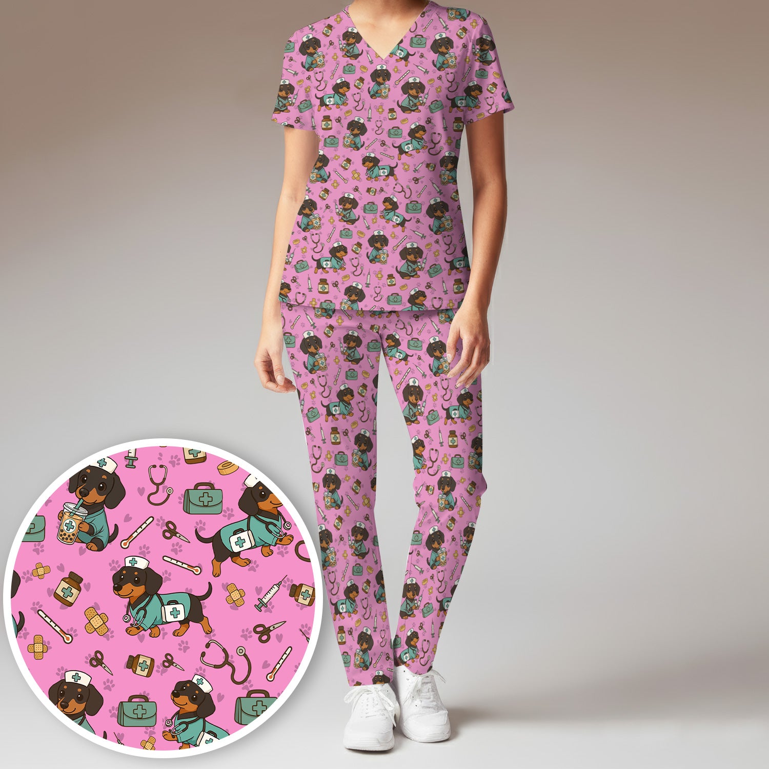 Funny Dachshund Nurse Scrubs Set - Cute Dog Print Medical Shirt - Holiday Nurse Scrub Top Gift for RN CNA Doctor, Women & Men