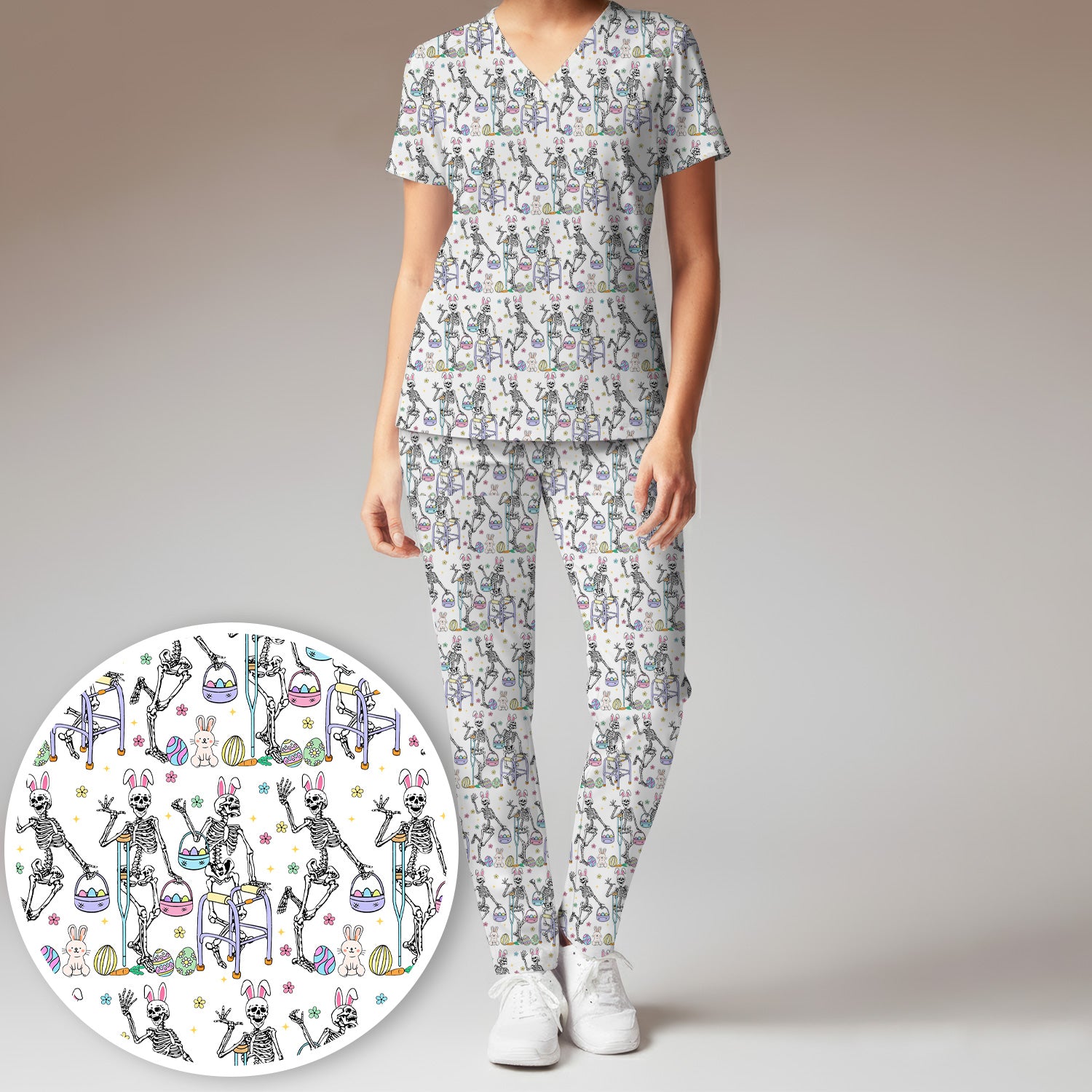 Fun Skeleton Bunny Easter Print Scrub Set, Scrub Pants and V Neck Top