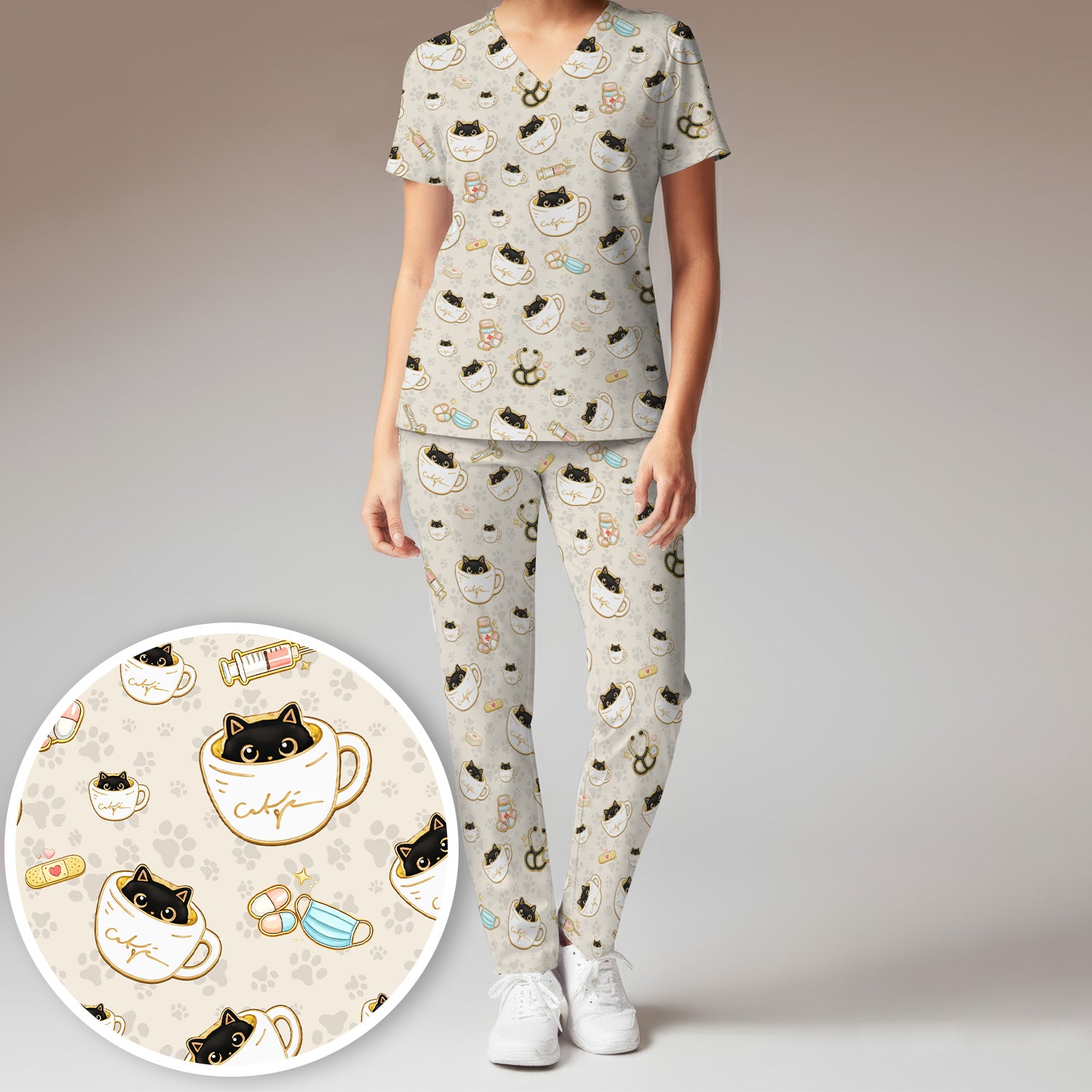 Cute Coffee Cat Medical Print Scrub Set, Scrub Pants and V Neck Top
