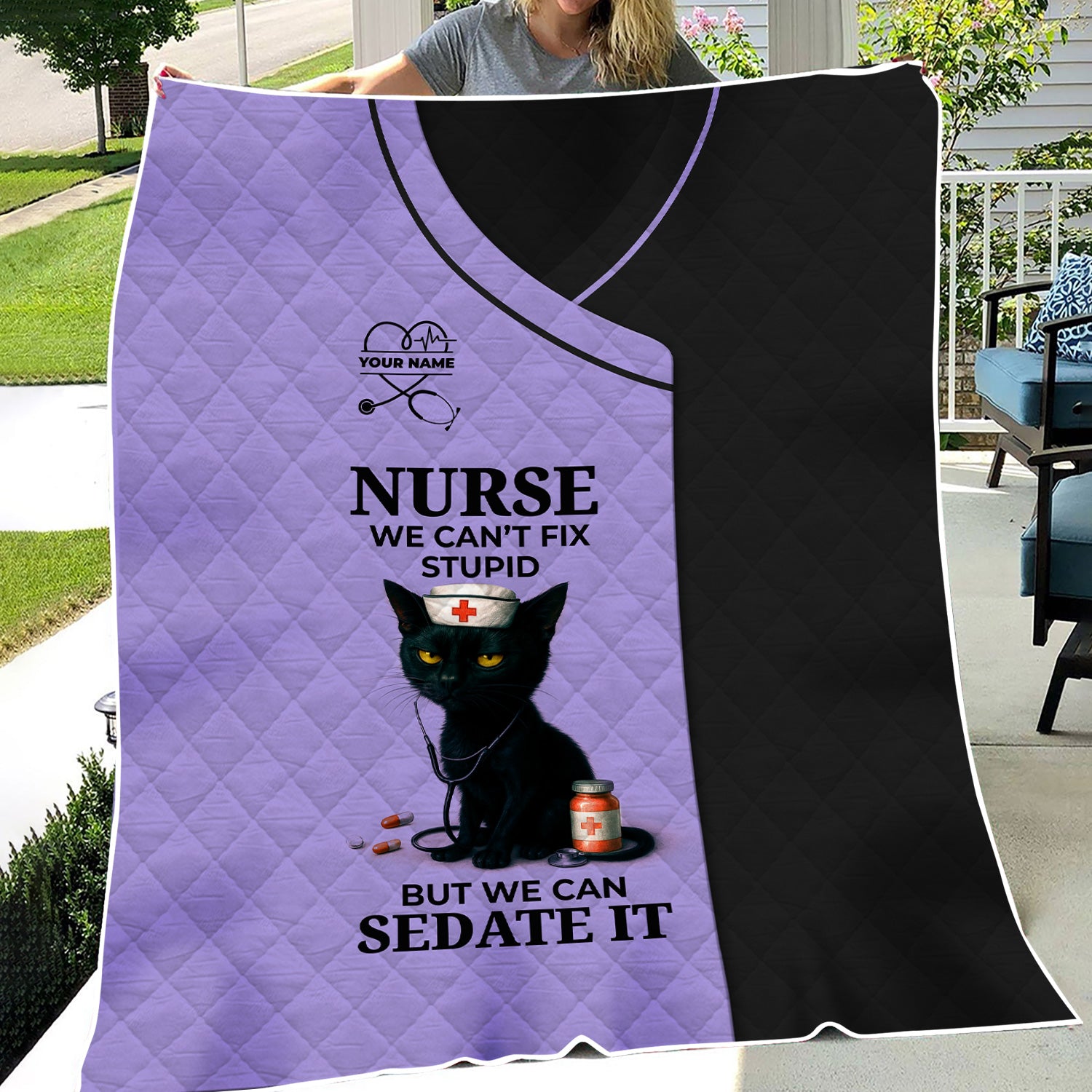 Personalized Funny Nurse Black Cat Blanket - Multiple Color Options Available - Custom Name Gift for RN CNA LPN Healthcare Workers