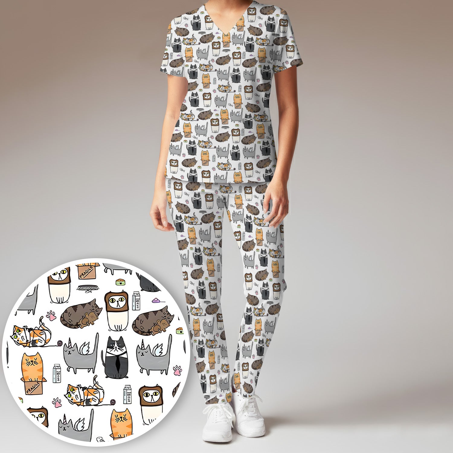 Lazy Cat Doodle Pattern Scrub Set, All Over Cozy Kitty Nursing Uniform for Women