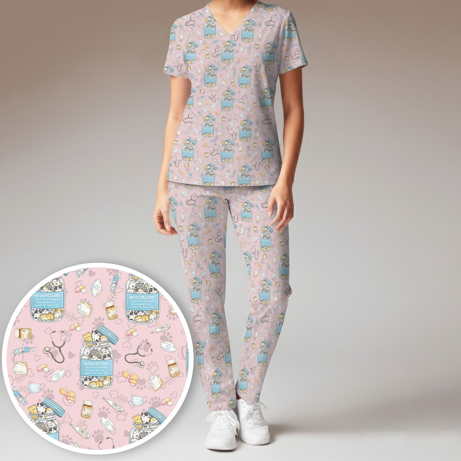 Cute Antidepressant Cat Jar Print Women's Scrub Set, Breathable Med Uniform