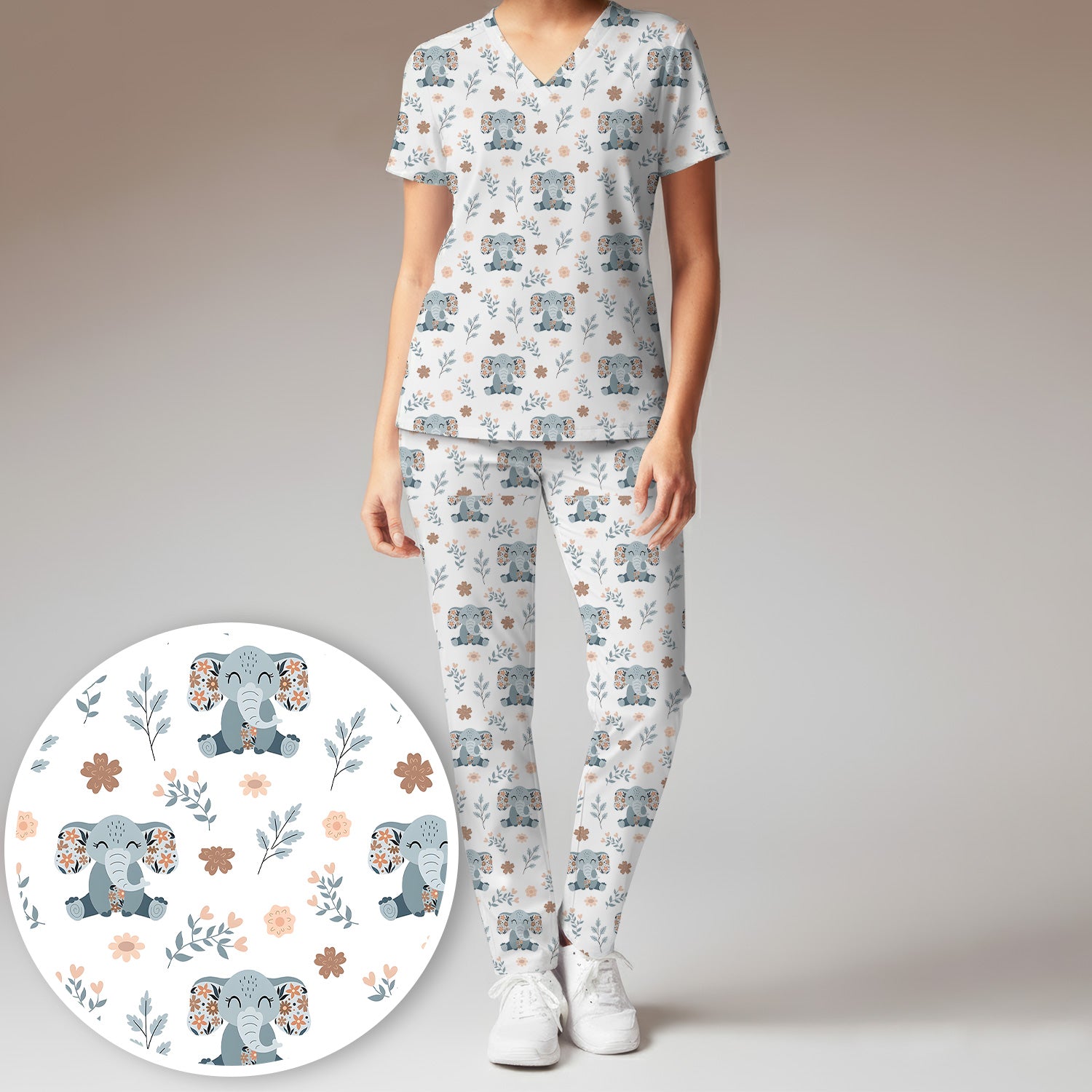 Cute Elephant Floral Print Scrub Set, Scrub Pants and V Neck Top