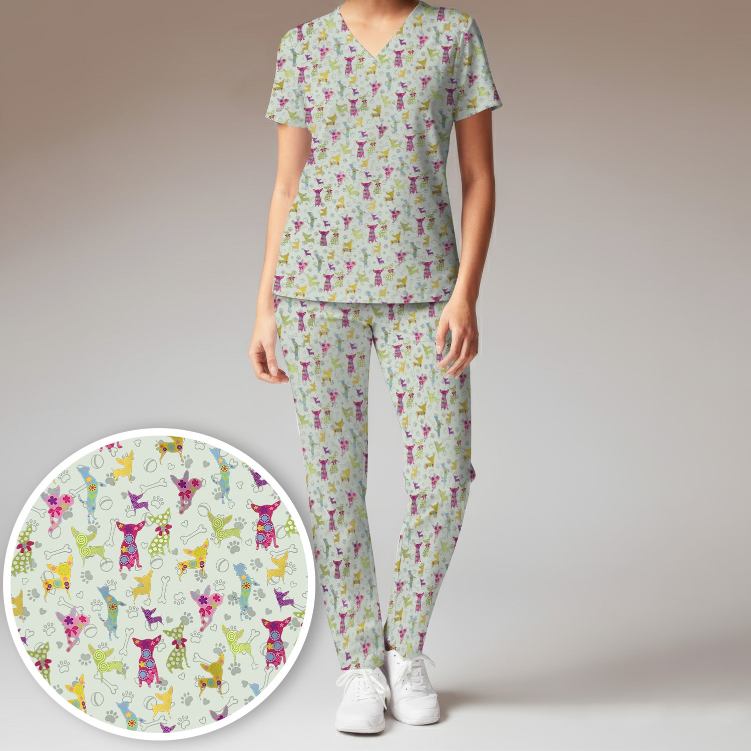 Colorful Playful Dog Print Nurse Scrub Set, Scrub Pants and V Neck Top