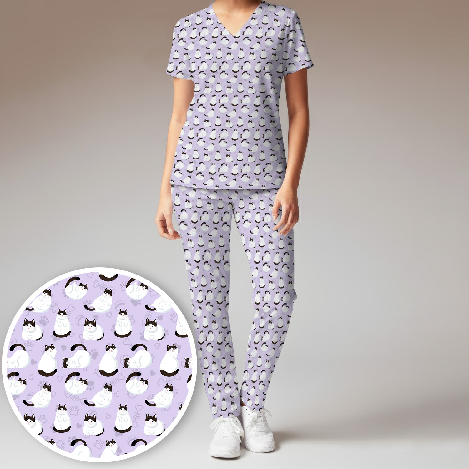 Cute Cat Pattern Medical Scrub Set, Breathable Fabrics Nursing Uniform