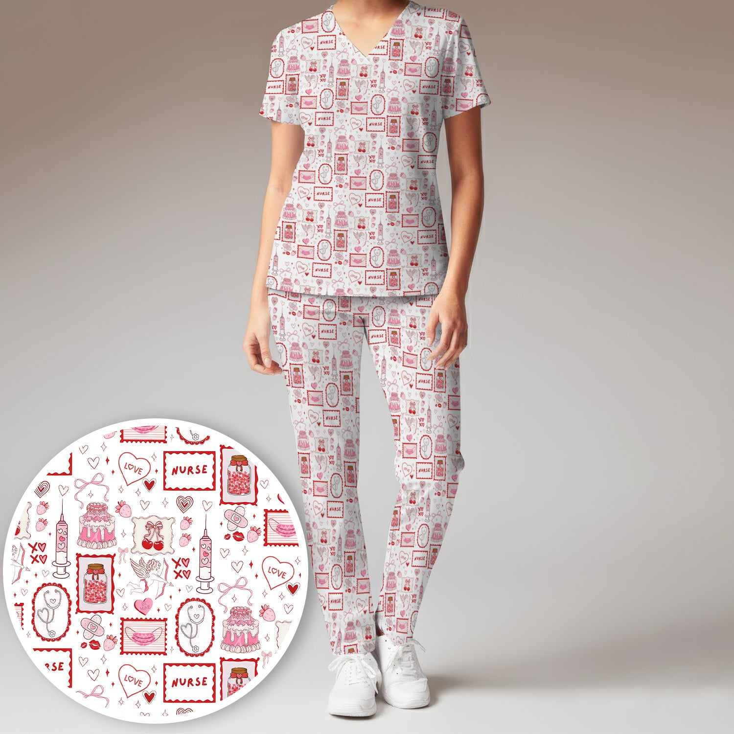 Nurse Icons Hearts Syringes Valentine Scrub Set, Scrub Pants and V Neck Top