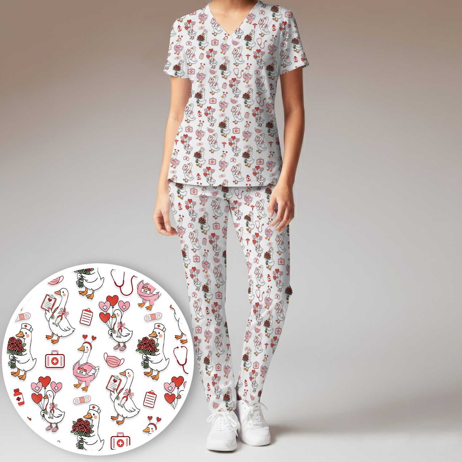 Cute Goose Nurse Medical Pattern Scrub Set, Women's Scrub Sets