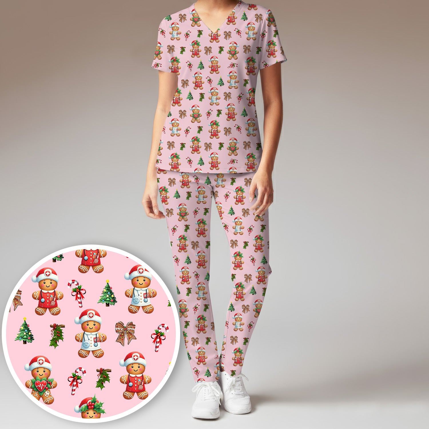 Funny Gingerbread Christmas Scrub Set - Cute Cookie with Bow Scrubs Pants and V Neck Top - Festive Holiday Gift for Women