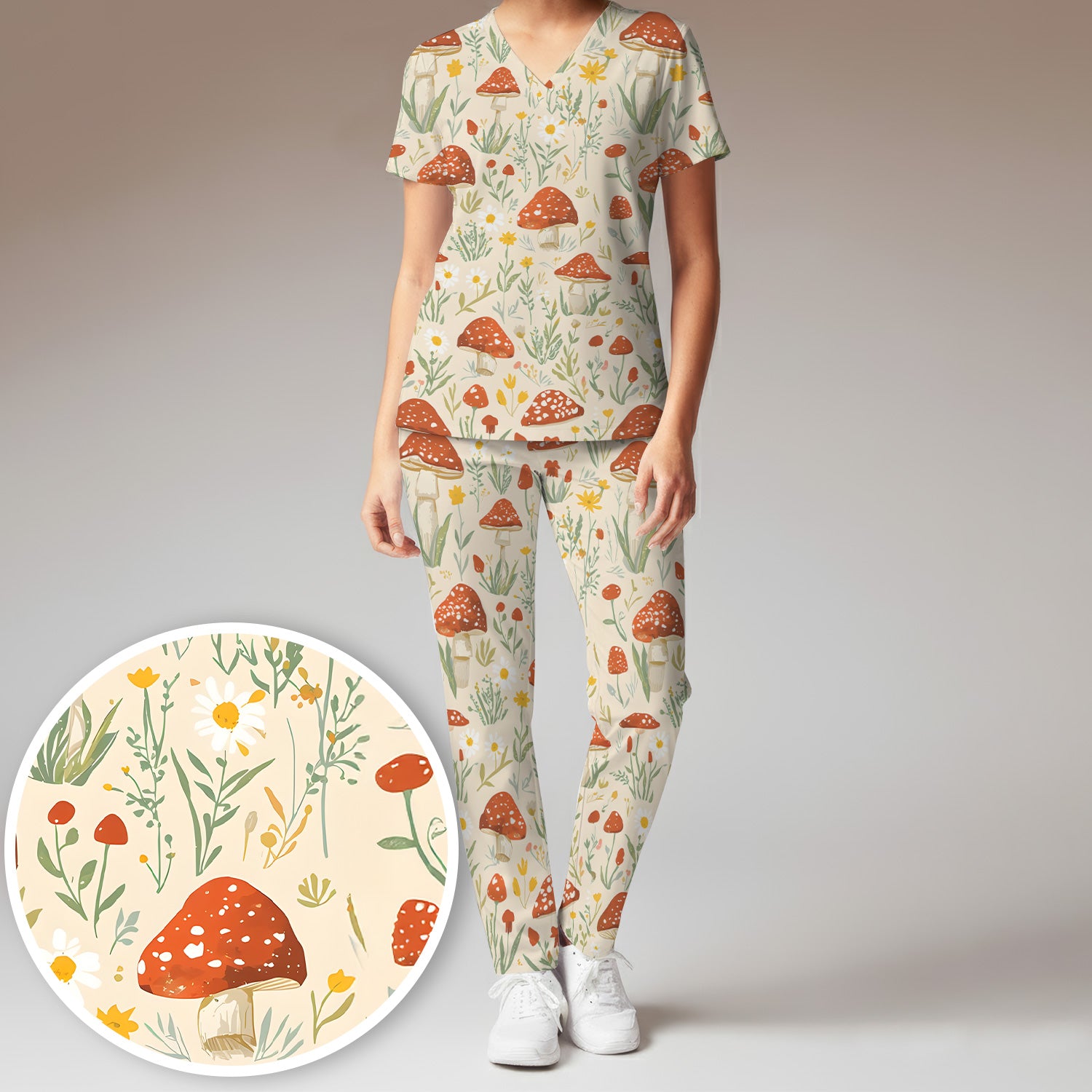 Cute Mushroom Wildflower Pattern Scrub Set, Women's Scrub Sets