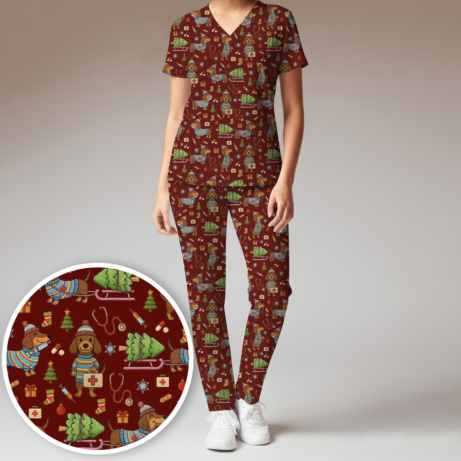 Dachshund Dog Scrub Set For Nurse, Funny Wiener Dog Lover Gift, Cute Dog 3D Knit Pattern Shirt