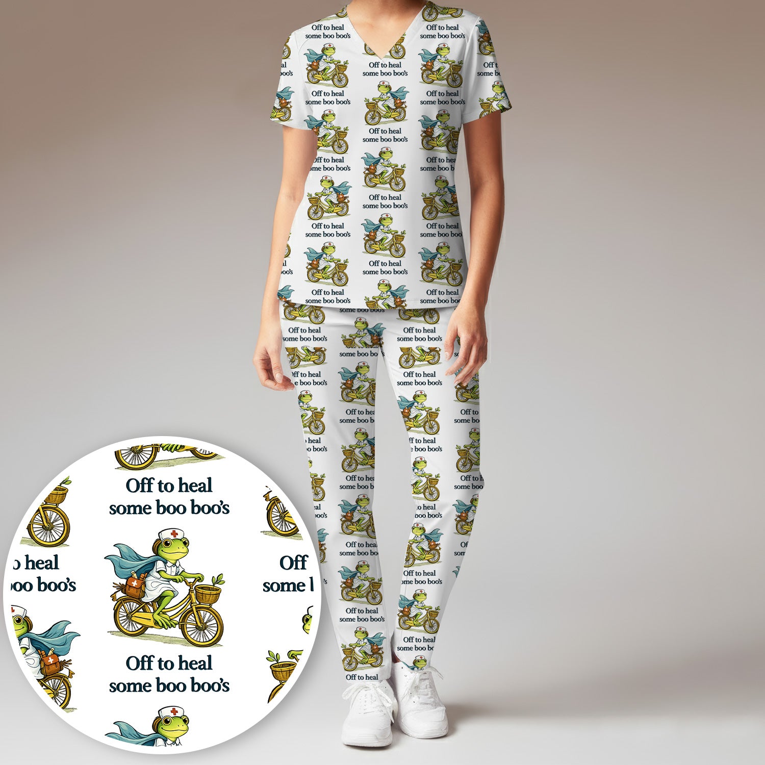 Funny Frog Nurse Cycling Pattern Scrub Set, Scrubs Pants and V Neck Top