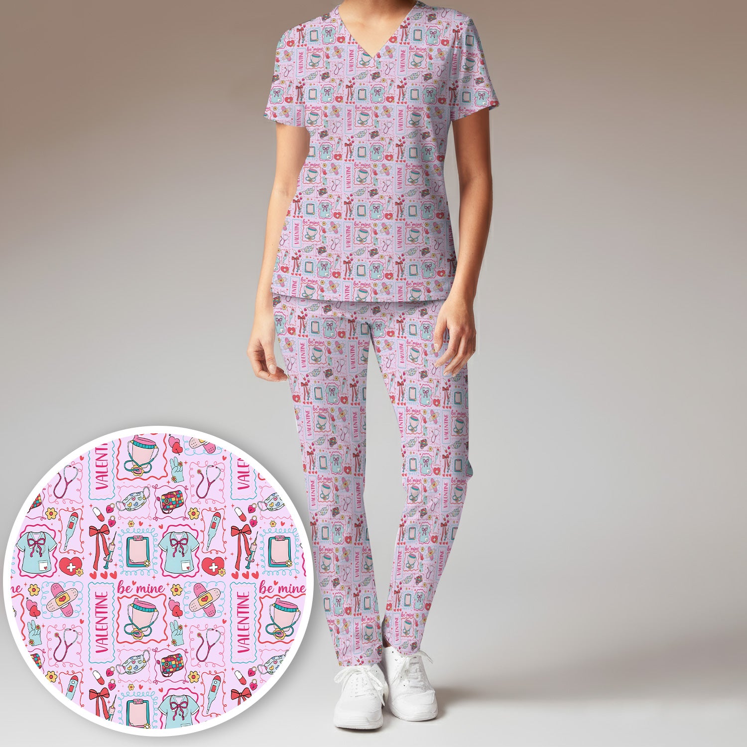 Valentine Medical Hearts Bandages Syringes Scrub Set, Breathable Med Uniform