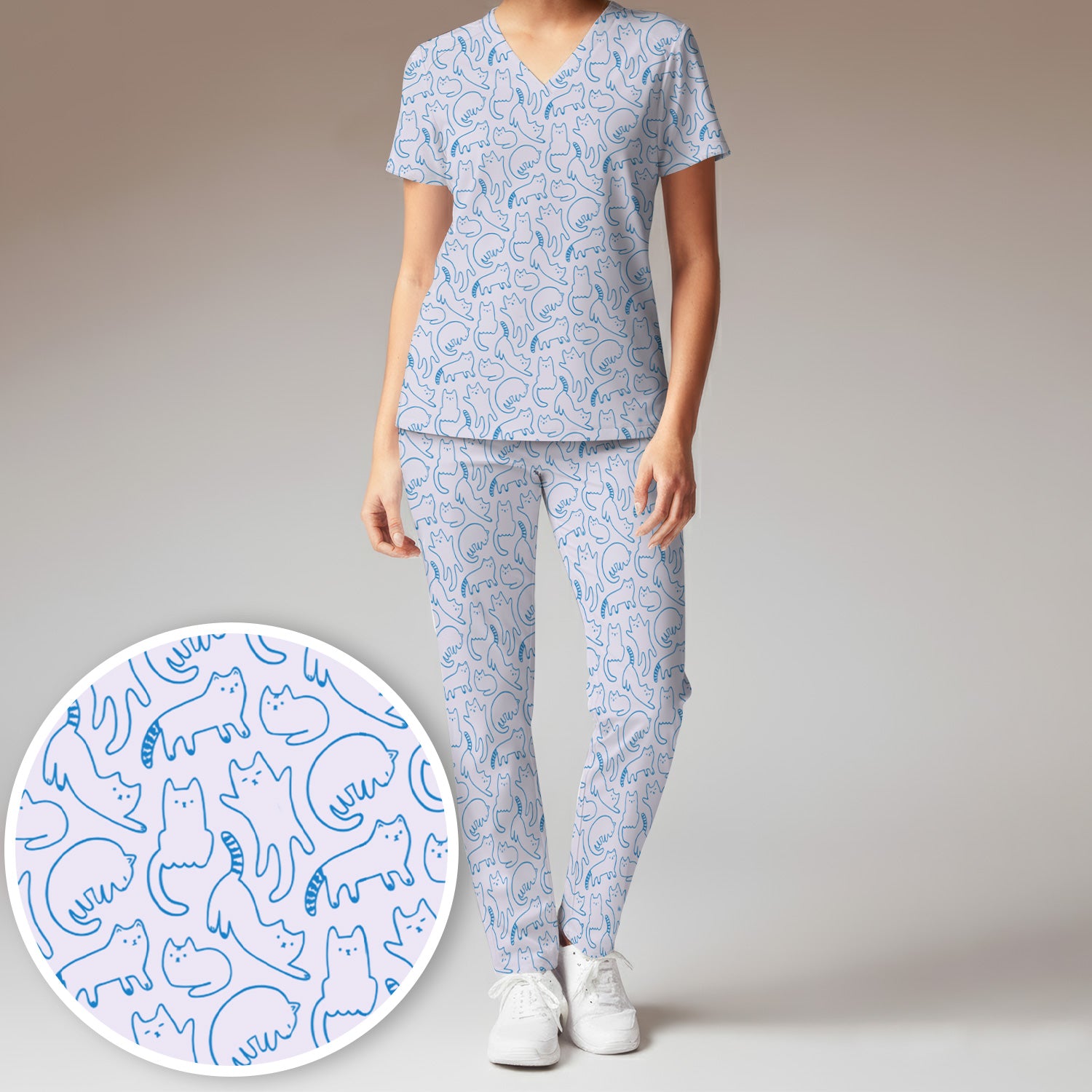 Artistic Cat Pattern Medical Scrub Set, Breathable Fabrics Nursing Uniform