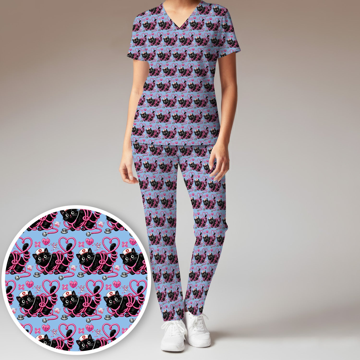 Valentine Cute Cat Nurse Heart Print Women's Scrub Set, Breathable Med Uniform