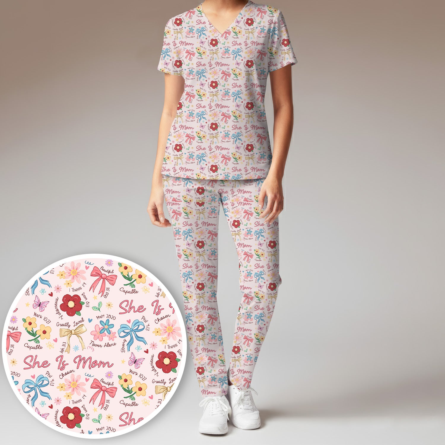 She Is Mom Flower Bow Pattern Scrub Set, Scrub Pants and V Neck Top
