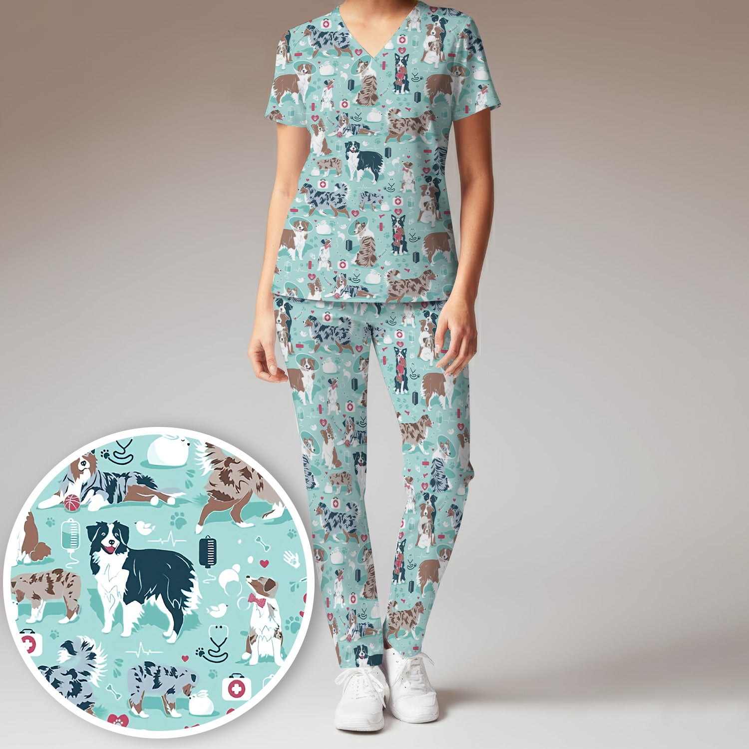 Cute Dog Pattern Women's Veterinary Scrub Set, Scrub Pants and V Neck Top