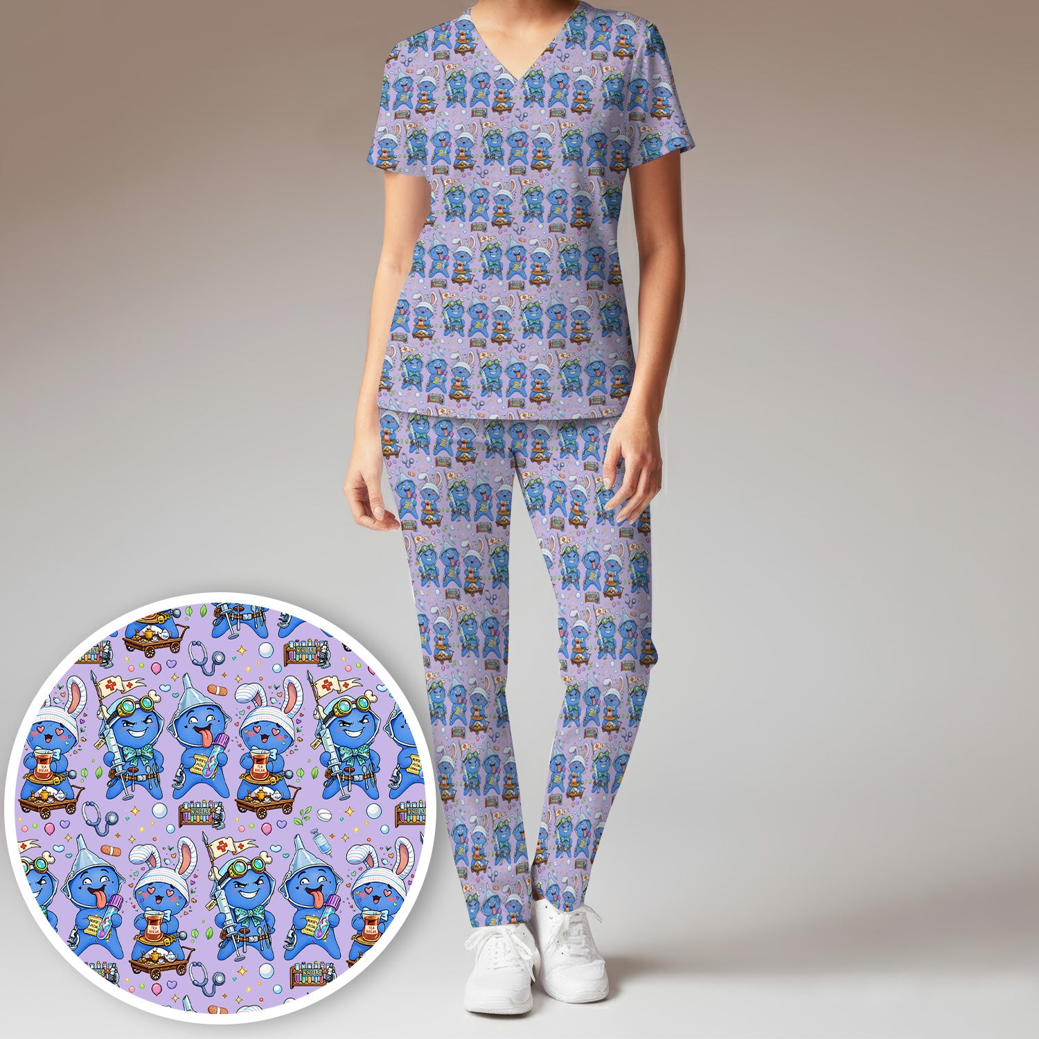 Cute Glove Doll Hospital Medical Cartoon Nurse Pattern Scrub Set, Women's Scrub Sets