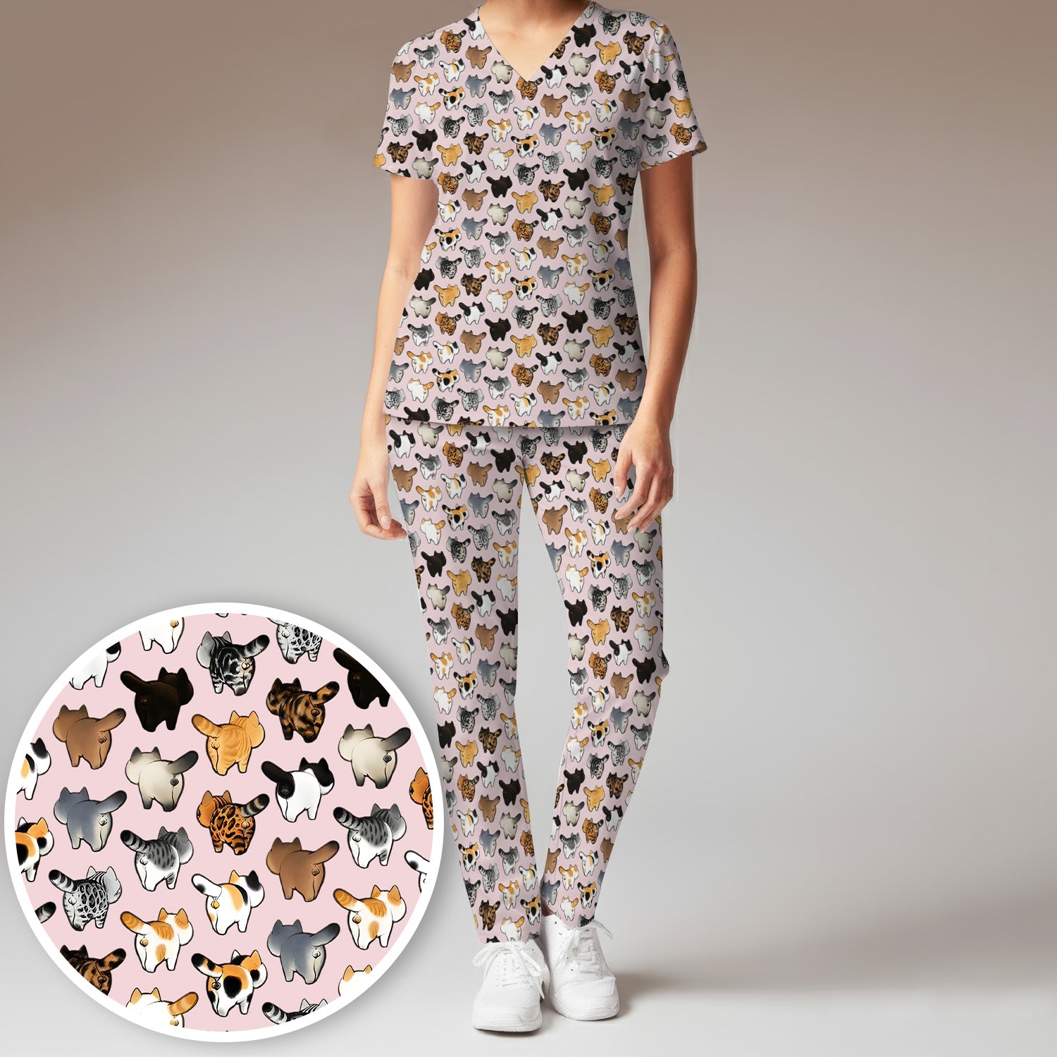 Cat Butt Pattern Medical Scrub Set, Breathable Fabrics Nursing Uniform