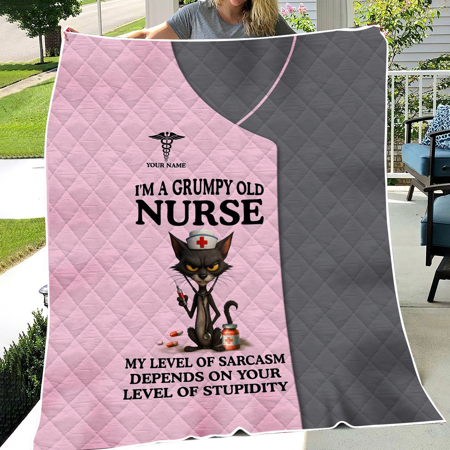 Custom Name Grumpy Old Nurse Blanket - Angry Cat Sarcastic Humor for RN LPN CNA Medical Staff Gift  - Multiple Color Options Available Keepsake