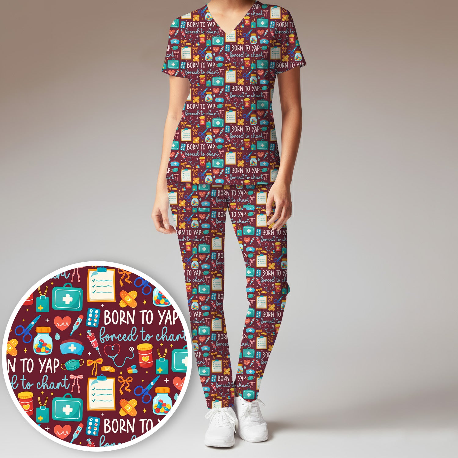 Born To Yap Medical Tools Pattern Scrub Set, Scrub Pants and V Neck Top