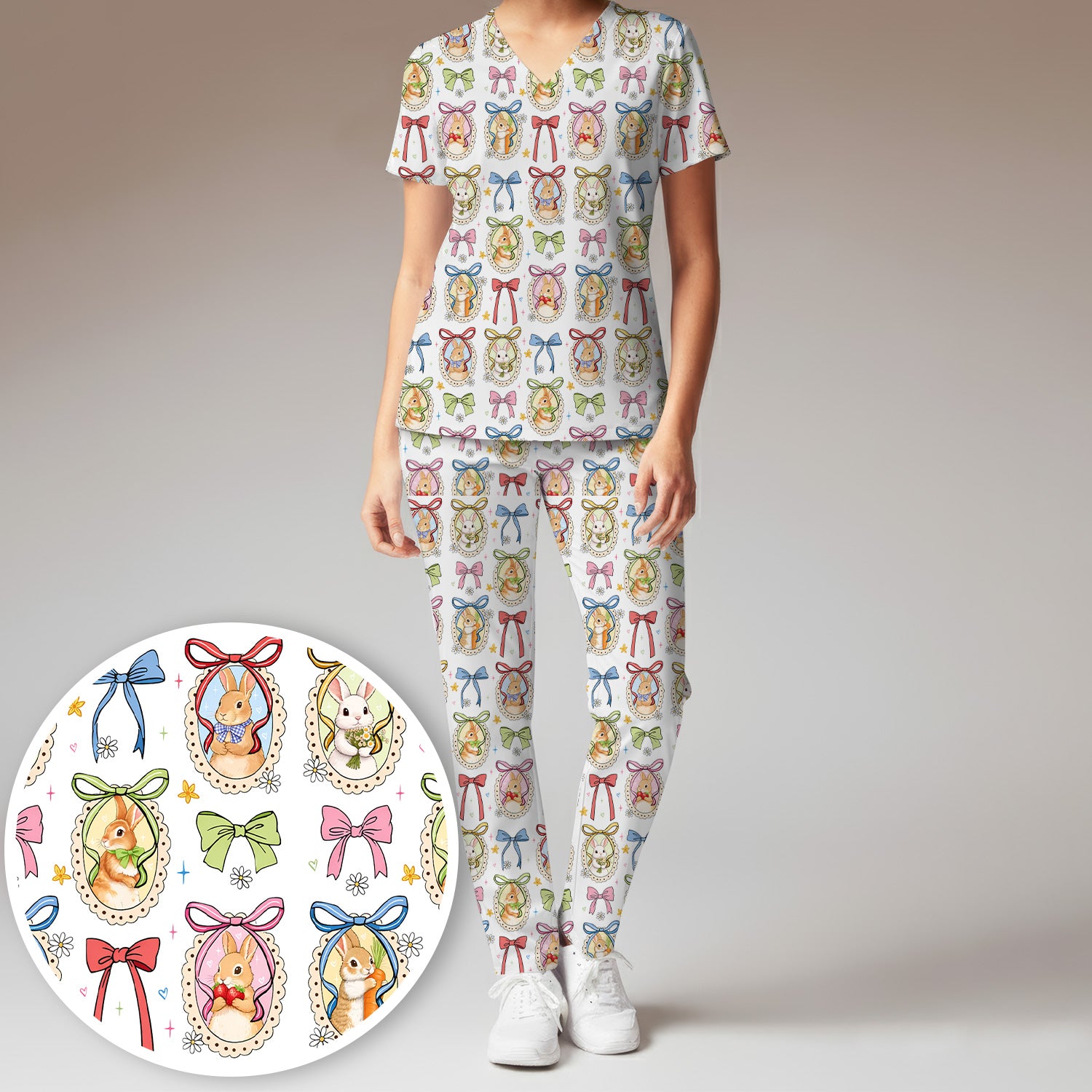 Cute Easter Bunny Cameo Colorful Bow Pattern Scrub Set, Breathable Med Uniform